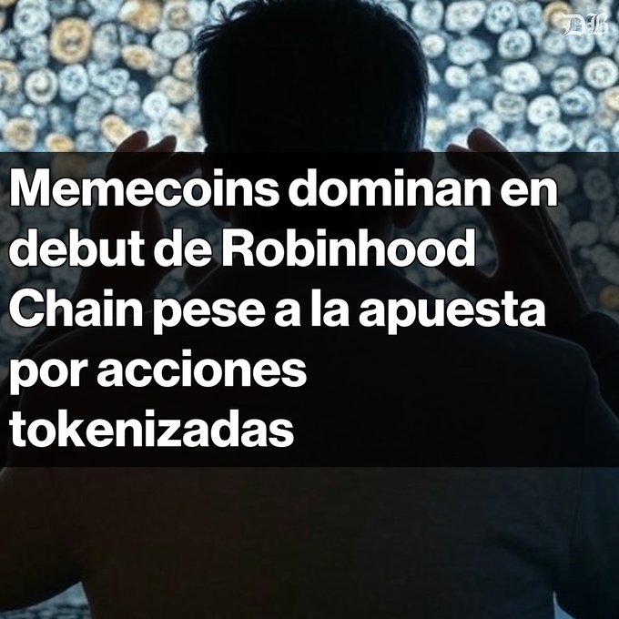 News headline in Spanish: 'Memecoins dominan en debut de Robinhood Chain pese a la apuesta por acciones tokenizadas' overlaid on a silhouetted figure in front of a cryptocurrency-patterned background.
