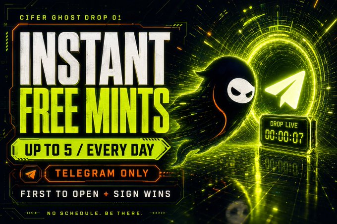 A futuristic green and black promotional graphic for "Cifer Ghost Drop 0" advertises "Instant Free Mints" with "Up to 5 every day," a "Drop Live 00:00:07" countdown timer, and a hooded ghost figure alongside a Telegram logo, with instructions to be the "first to open + sign" — directly illustrating the accompanying text's message about Cifer's upcoming free NFT mint opportunities available exclusively on Telegram.