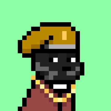 A pixel art character with dark skin, a gold chain, red clothing, and a brown hat is set against a bright green background.