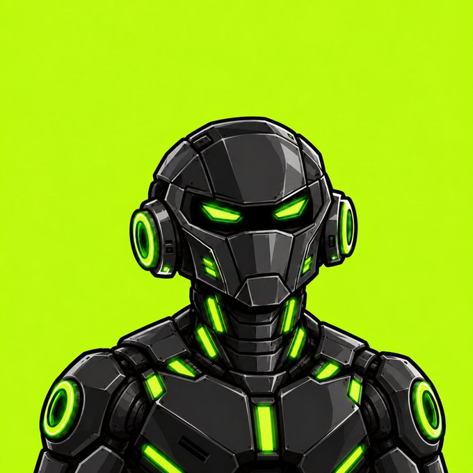 A digital illustration of a futuristic black-armored robotic figure with glowing neon green eyes and accents against a bright green background.