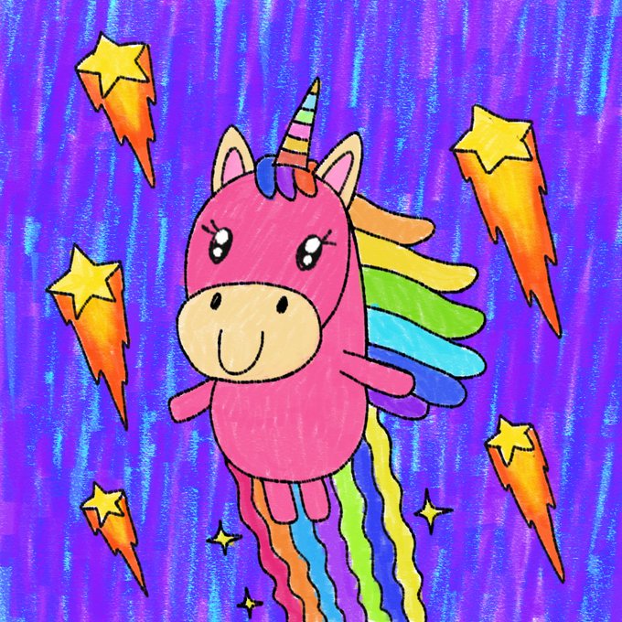 A cheerful, hand-drawn cartoon unicorn with rainbow mane, tail, and wings floats against a vibrant purple background streaked with shooting stars. The whimsical, dreamy artwork visually captures the magical and exclusive theme of a rare 1/1 NFT charity auction, where the winner receives both the unique piece and 10 guaranteed whitelist spots.