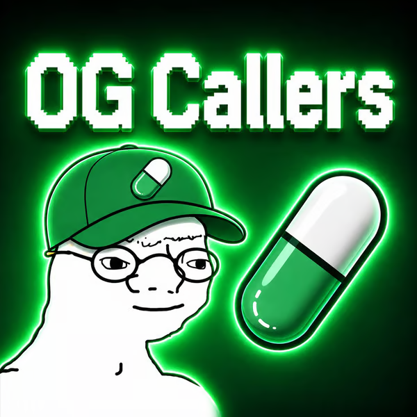 A green-themed graphic with 'OG Callers' text featuring a cartoon character wearing a green baseball cap next to a large pill capsule icon.