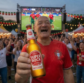 A bald man in a red shirt laughing joyfully while holding up a bottle of 'Super Bock' beer, with a stadium showing a football match on a large screen behind him amid a festive crowd.