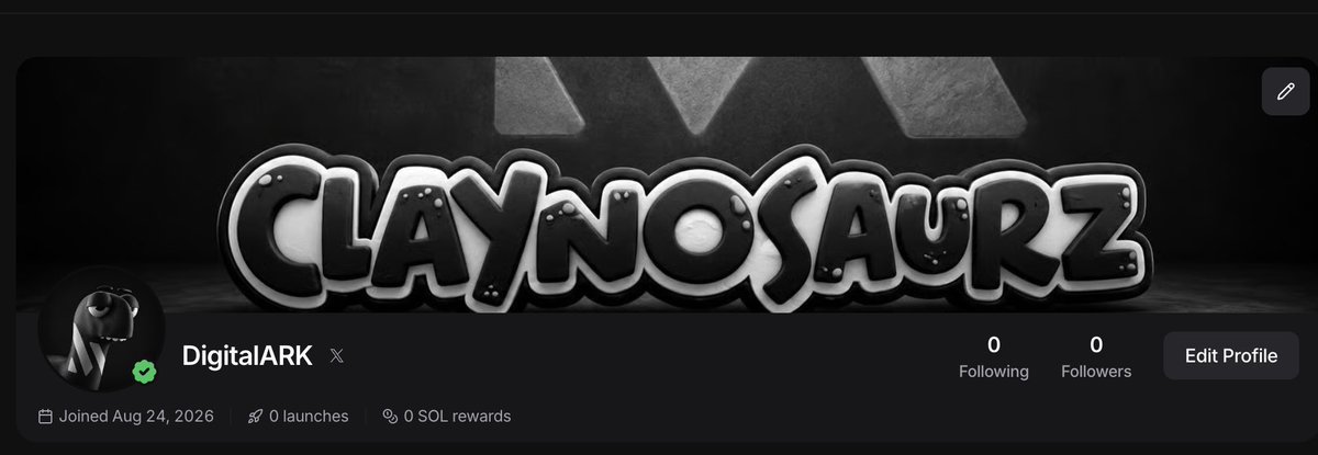 A profile banner displaying the 3D text "CLAYNOSAURZ" in a glossy black and white style, with the username "DigitalARK" and an Edit Profile button.