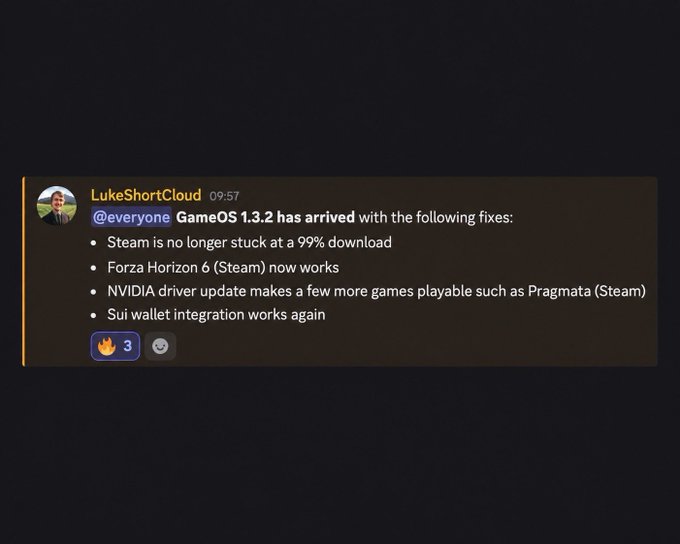 A Discord message from LukeShortCloud announces that GameOS 1.3.2 has arrived with fixes, including Steam download improvements, Forza Horizon 6 support, NVIDIA driver updates, and restored Sui wallet integration.