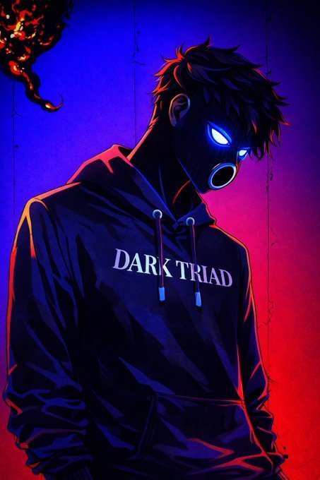 An anime-style illustration of a character wearing a black mask and hoodie with 'DARK TRIAD' printed on it, glowing blue eyes set against a blue and red background.