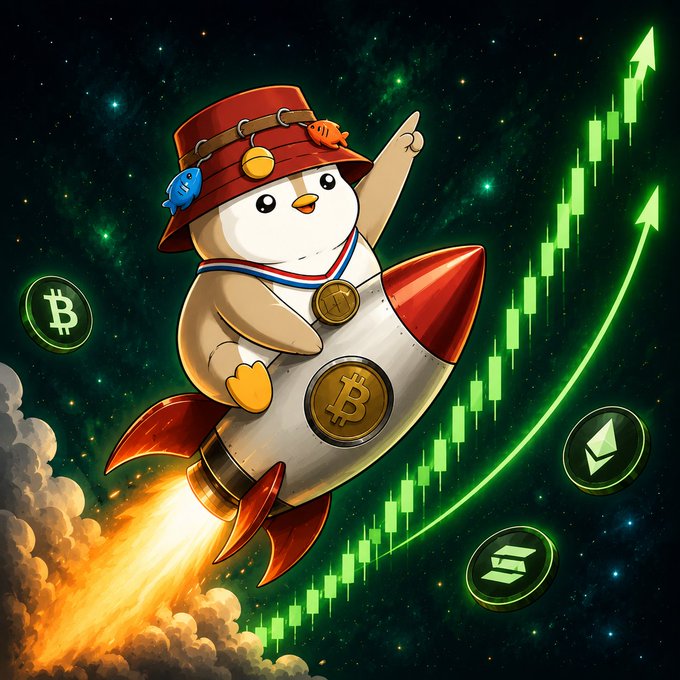 A cartoon penguin wearing a red hat rides a Bitcoin-branded rocket through space alongside a green candlestick chart trending upward, with Bitcoin, Ethereum, and Solana coin logos floating nearby.