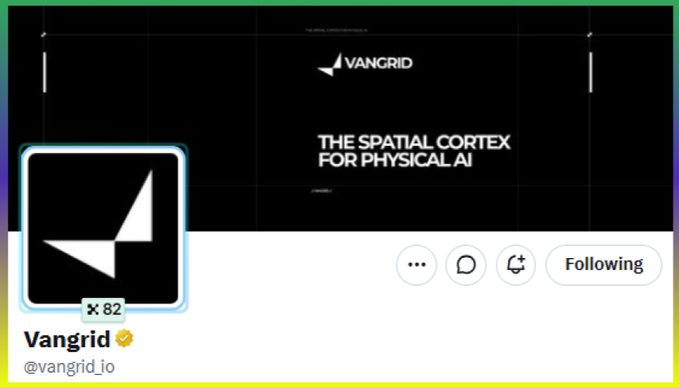 A social media profile for 'Vangrid' (@vangrid_io) shows a black-and-white geometric logo, banner reading 'THE SPATIAL CORTEX FOR PHYSICAL AI', and a Following button.
