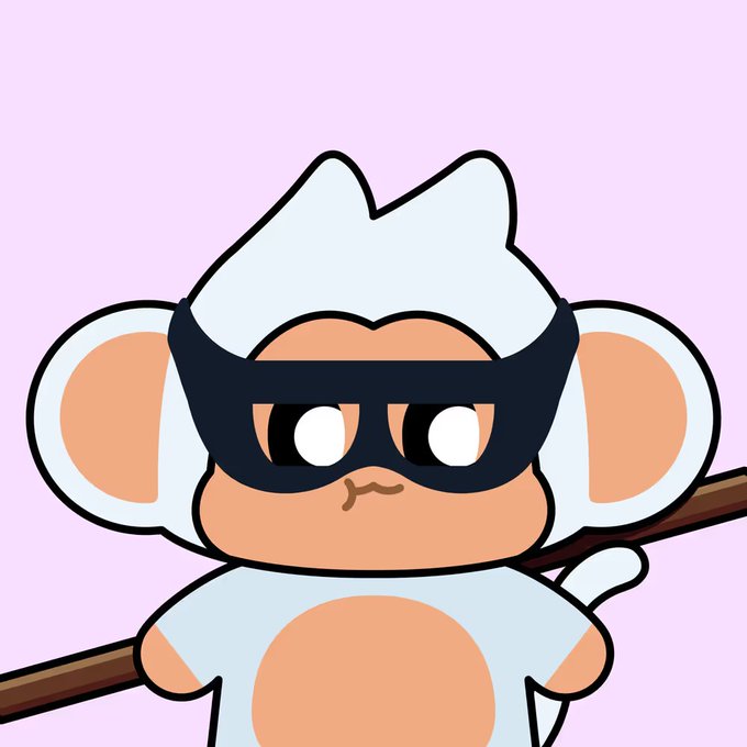 A cartoon illustration of a small, light blue and tan monkey character wearing a black domino mask, holding a stick against a pink background.