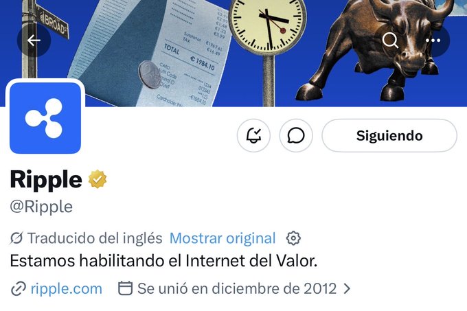 The image shows a social media post about Ripple, which features a photo of a bull in motion above a clock showing a time of 2 o'clock. The caption on the post highlights that Ripple has just updated its biography with new information regarding their Internet of Value utility. The focus is on how this feature impacts their user base and the way they interact with their users through social media platforms such as Twitter.
