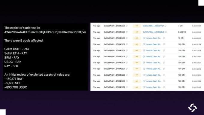 The image shows a slide that appears to be part of a presentation or tutorial about exploiting legacy AMM V3 exploit programs. It features a list of numbers, indicating various affected pools. The text provides context for the exploit's origin and its lasting impact on legacy AMM programs. There is no visible discussion of cryptocurrency, such as Bitcoin, in the image.