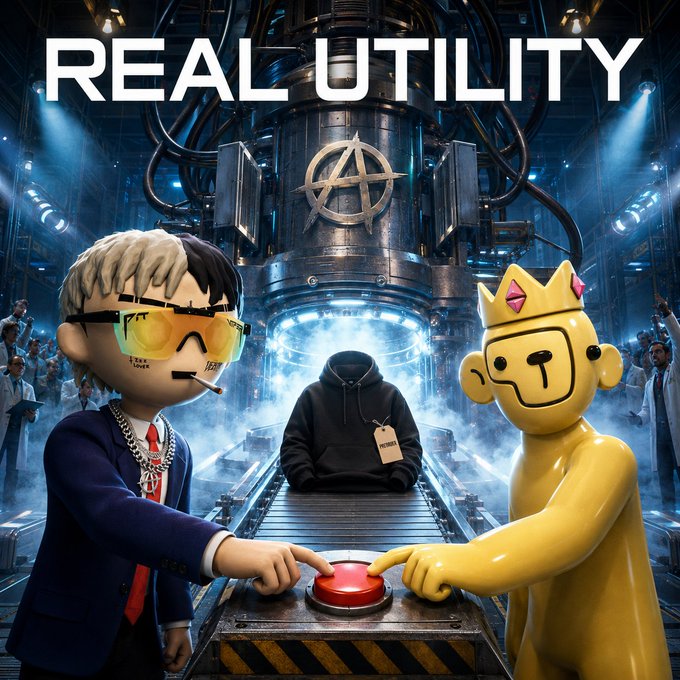 A highly stylized, chaotic image labeled 'REAL UTILITY' shows a blonde cartoon character in a suit and a golden crowned bear-like figure pressing a red button together in front of a large, industrial machine.