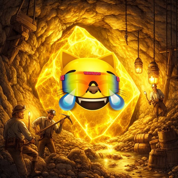 Miners with pickaxes and lanterns discover a glowing golden cat emoji crying tears of joy inside a radiant diamond, symbolizing the bright, lucrative future of the $MOG meme coin.