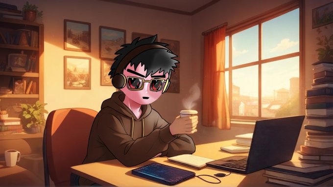 A young man with dark hair, headphones, and reflective sunglasses sits at a desk with a laptop, steaming coffee, and a tablet during golden hour, appearing ready to chat. The cozy, well-lit room filled with books and warm decor visually reinforces the inviting, open atmosphere of an AMA ("Ask me anything") session encouraging honest conversation.
