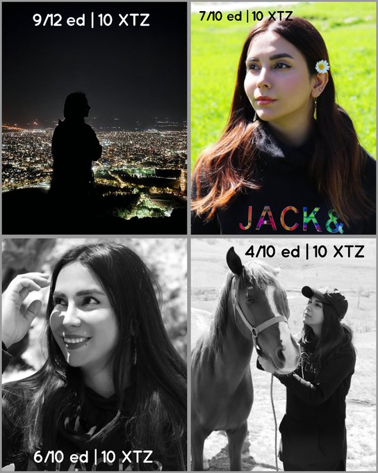 A collage of four photography pieces priced in XTZ (Tezos cryptocurrency), featuring a silhouette overlooking a city at night (9/12 ed), a portrait of a woman with a daisy (7/10 ed), a black-and-white smiling portrait (6/10 ed), and a black-and-white image of a woman with a horse (4/10 ed), posted as "Happy Saturday Photography | 10 XTZ."