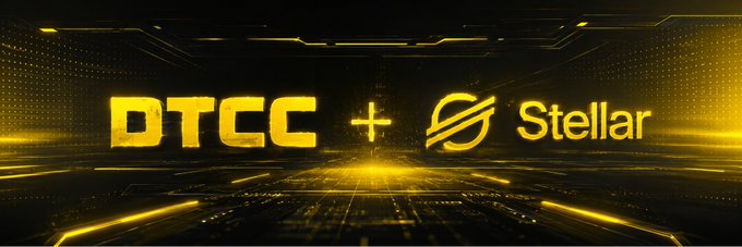 The image features a banner with the text "DTCC + STELLAR" written above it. The background of the banner is black, but there are yellow lines that create an illusion of a futuristic cityscape or space-like environment. This design suggests that the company behind the banner might be involved in tokenization and blockchain technology.