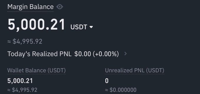 A trading account dashboard displays a Margin Balance of 5,000.21 USDT (≈ $4,995.92), with Wallet Balance at 5,000.21 USDT, $0.00 Today's Realized PNL, and 0 USDT Unrealized PNL—representing the starting $5K capital for the "$5k>$100k>$1M Challenge" mentioned in the post.