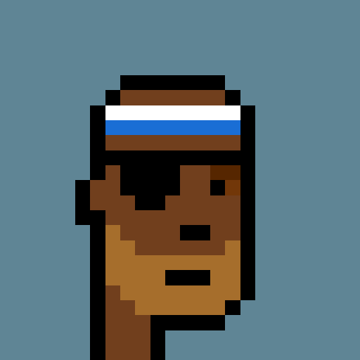 A pixel art portrait of a character with brown skin wearing a white and blue headband against a blue background.