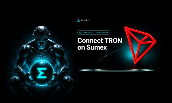 The image features a man holding a crystal ball, which is surrounded by a red triangle with the words "Connect Tron on Sumex" written above it. The background of the image is black, making the crystal ball stand out prominently. The caption below the image reads: "Most blockchain ecosystems focus on building their own network The real challenge is connecting users across networks without adding complexity That is why the latest integration between TRON and Sumex feels important TRON has become one of the most active blockchain networks".