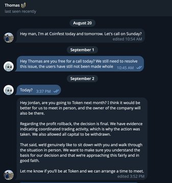 The image shows a Telegram chat with "Thomas" (last seen recently), where a user discusses "Coinfest" on August 20, offers free tickets on September 1, and then reveals on September 2 that "Token" is shutting down due to "coordinated trading activity" and profit rollback, while arranging a meeting to discuss the situation. This relates to the scam warning post about Yubit Exchange, as the chat demonstrates the CEO Thomas's communication style—making promises and later citing coordinated trading as justification for actions that allegedly cost users profits.