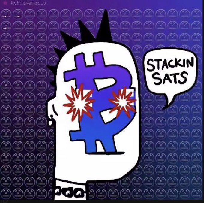 A stylized cartoon Bitcoin "B" with a speech bubble declaring "STACKIN SATS" is set against a purple background covered in "schioccoins" logos, visually celebrating the Bitcoin mining milestones and community efforts mentioned in the post regarding block 958212 and decentralized mining initiatives.