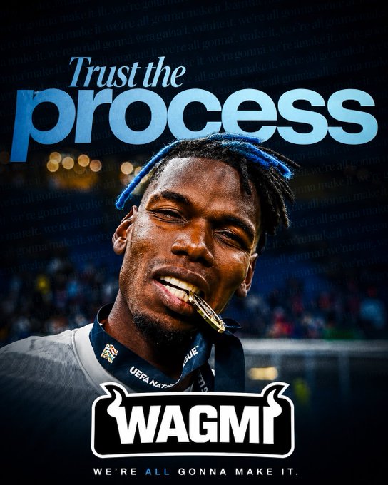 A young man with blue-tipped dreadlocks smiles broadly while holding a gold medal in his mouth, wearing a UEFA Nations League jersey, with the text "Trust the process" displayed above him and a "WAGMI - We're All Gonna Make It" badge below.