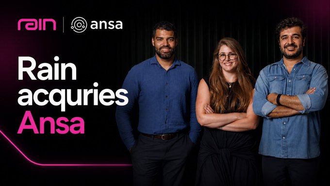 Promotional image with the text 'Rain acquires Ansa' showing the Rain and Ansa logos, alongside photos of three team members.