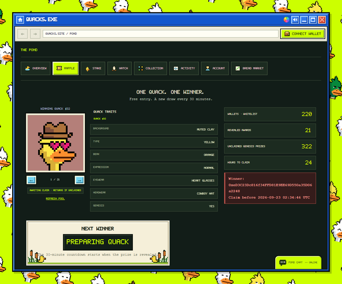 A screenshot of the QUACKS.EXE NFT project interface showing a pixel art duck character with traits like 'YELLOW', 'COWBOY HAT', and 'GENESIS', along with wallet stats and a winner announcement.
