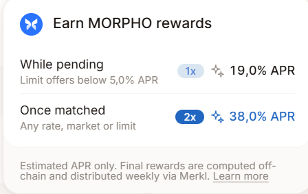 A promotional card displays Tenor's MORPHO rewards program, offering 19.0% APR (1x multiplier) on pending limit offers below 5.0% APR, and 38.0% APR (2x multiplier) once matched at any rate, with rewards distributed weekly via Merkli.