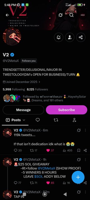A screenshot of an X/Twitter profile for 'V2' (@V2MetaX) showing a giveaway post for '$25 SOL' with engagement metrics visible.
