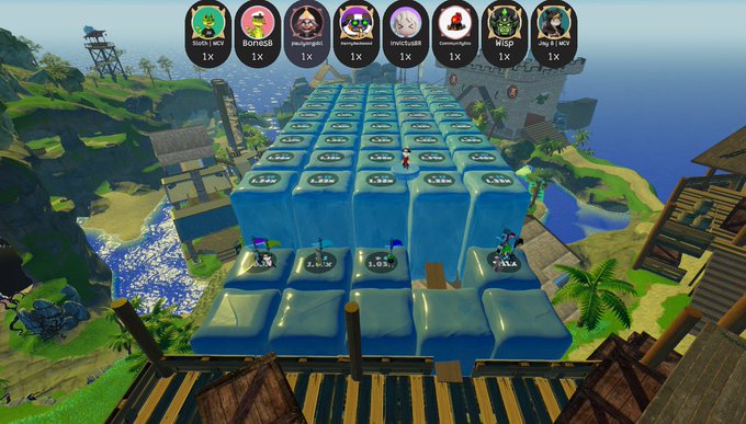 A screenshot from a video game showing a multiplayer match with player icons at the top (DaddyNOVA, BOSS80, DanielPokoGames, ipomoeabatatas, TurkishGamer, MrGo, xLostCow) and characters on a grid of blue ice blocks.
