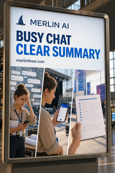 A digital billboard advertisement for 'MERLIN AI' promoting 'BUSY CHAT CLEAR SUMMARY' at merlintheai.com, showing three images of women looking stressed, using a smartphone app, and reading a summary document.