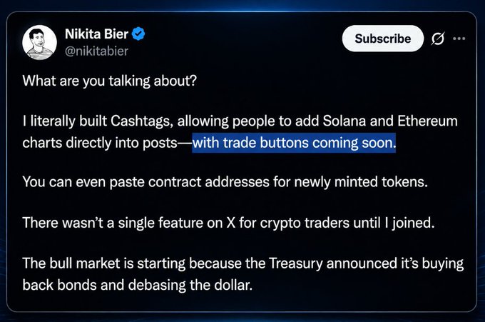 A tweet from Nikita Bier (@nikitabier) discussing Cashtags for adding Solana and Ethereum charts to posts, noting 'There wasn't a single feature on X for crypto traders until I joined.'