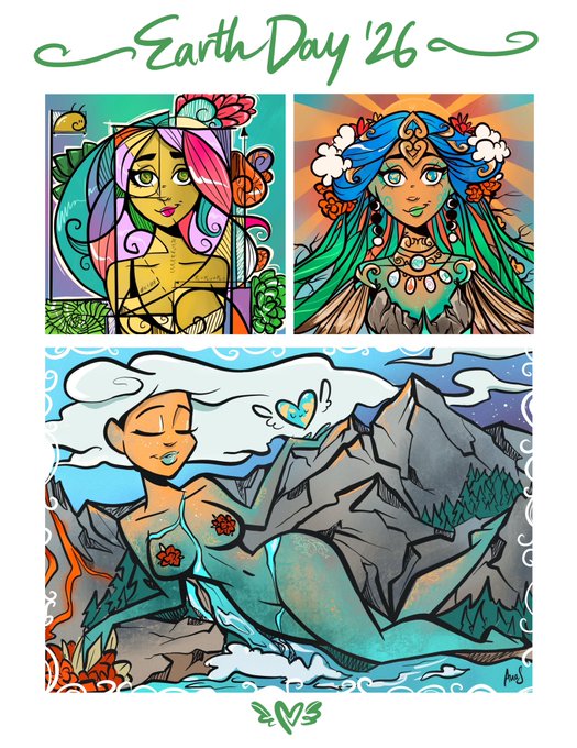 A stylized illustration titled 'Earth Day '26' featuring three female figures personifying nature, with colorful hair, floral crowns, and earthy elements like mountains, trees, and water.