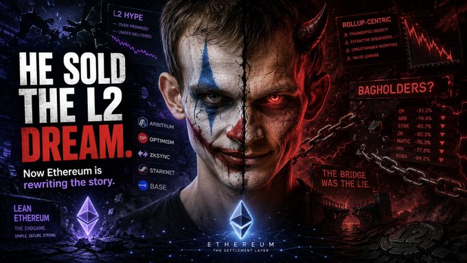 An meme of a clown with a split screen of a devil and angel accompanying the phrase, "He sold the L2 Dream" and "Now Ethereum is rewriting the story." Next to them listed smart contract platforms Arbitrum, Optimism, ZKSync, Starknet, and Base. 



The meme depicts how Lean Ethereum (founded by Vitalik Buterin) is shifting more towards Layer-2 (L2) Rollup Solutions. This is evidenced by the images representing Layer-2 blockchain networks around the meme and is a reference to Vitalik founding Ethereum and selling the L2 Dream to investors.