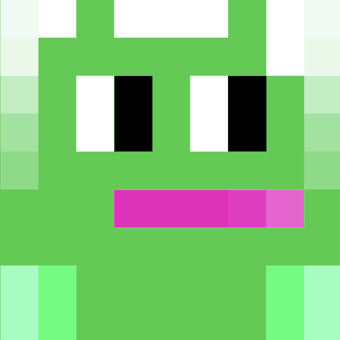 A close-up pixel art image of a green frog face with large black and white eyes and a bright pink mouth, set against a green pixelated background.