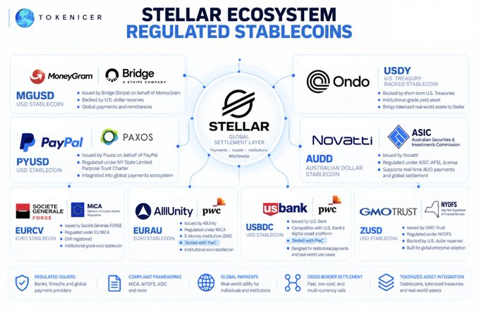 Infographic titled 'STELLAR ECOSYSTEM REGULATED STABLECOINS' by Tokenicer, showing Stellar as the central global settlement layer surrounded by regulated stablecoins including MGUSD (MoneyGram/Bridge), USDY (Ondo), PYUSD (PayPal/Paxos), AUDD (Novatti/ASIC), EURCV (Société Générale-FORGE/MICA), EURAU (AllUnity/PwC), USBDC (US Bank/PwC), and ZUSD (GMO Trust/INFDS).