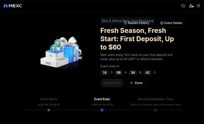 A MEXC cryptocurrency exchange promotional page titled 'Fresh Season, Fresh Start: First Deposit, Up to $60' showing a countdown timer of 16 days, 08 hours, 34 minutes, 42 seconds for SEA & Africa new users.