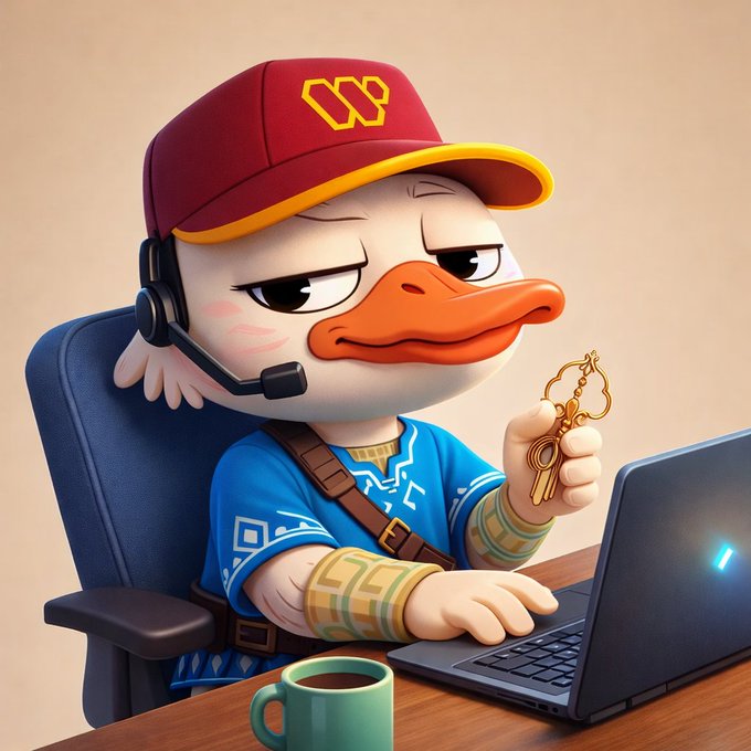 The image features a cartoon duck sitting at a desk with a laptop computer open in front of him. The duck appears to be working or studying, possibly using the laptop for research or completing tasks related to Web3 technology. A cup can also be seen on the desk next to the laptop.