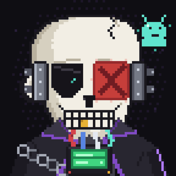 A pixel art skull character wearing headphones and a cyberpunk-style outfit with a green badge and chain accessory, accompanied by a small teal ghost-like creature in the corner. The glitchy red X over one eye and neon purple accents on the suit visually represent the digital, on-chain customization theme of the Piece Work NFT project.