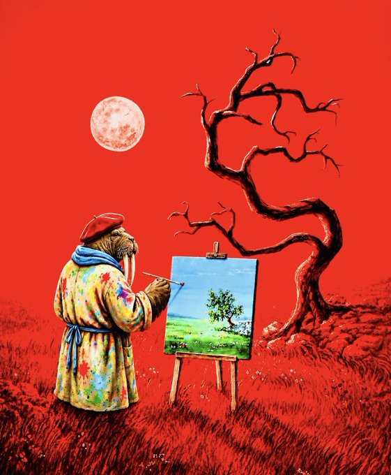 A surreal painting depicts a walrus-like artist in a colorful paint-splattered coat and red beret painting a green landscape on an easel against a vivid red background with a full moon and twisted bare tree.