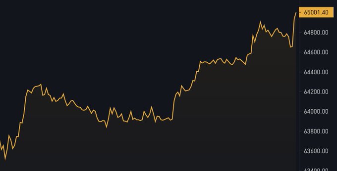 A Bitcoin price chart shows the cryptocurrency reaching $65,001.40, visually confirming the post's announcement of its surge to $65,000.