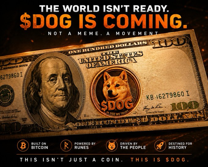 A promotional poster featuring a $100 bill with Benjamin Franklin replaced by a Shiba Inu dog emblazoned with "$DOG" and "IN DOG WE TRUST," accompanied by the bold text "THE WORLD ISN'T READY. $DOG IS COMING. NOT A MEME. A MOVEMENT." The bottom highlights that the coin is "BUILT ON BITCOIN," "POWERED BY RUNES," "DRIVEN BY THE PEOPLE," and "DESTINED FOR HISTORY," tying directly to the #DOG, #Bitcoin, and #Runes tags while promoting the #DOGArmy movement.