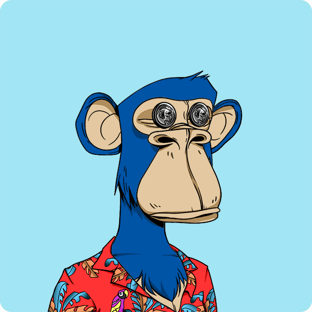 A cartoon illustration of Bored Ape #359, featuring the ape's signature large round eyes, blue fur, and tan muzzle, dressed in a red Hawaiian shirt against a light blue background. The image corresponds to the NFT purchase details, showcasing the unique character traits associated with the Bored Ape Yacht Club collection.