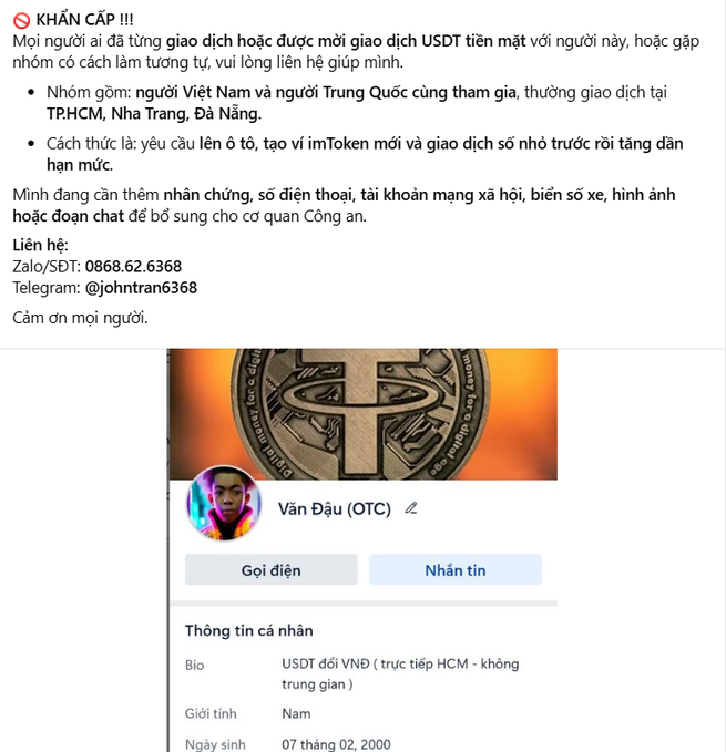 A Vietnamese social media post titled "KHẨN CẤP !!!" seeking information about people involved in USDT cash transactions, with contact details for "Văn Đầu (OTC)" including Zalo/SDT: 0868.62.6368 and Telegram: @johntran6368.