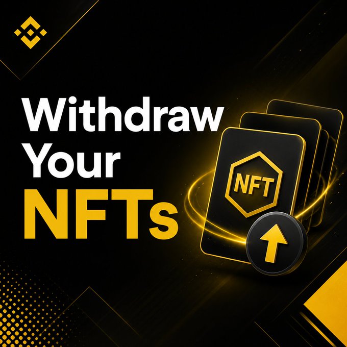 Binance promotional graphic featuring the Binance logo and text 'Withdraw Your NFTs' alongside stylized NFT card illustrations with an upload arrow.