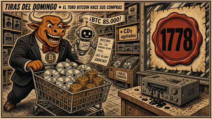 A stylized cartoon illustration shows a bull-headed character in a suit pushing a shopping cart full of CDs and coins, with text including 'TIRAS DEL DOMINGO', 'EL TORO BITCOIN HACE SUS COMPRAS', '¡BTC 85.000!', and '1778' visible.