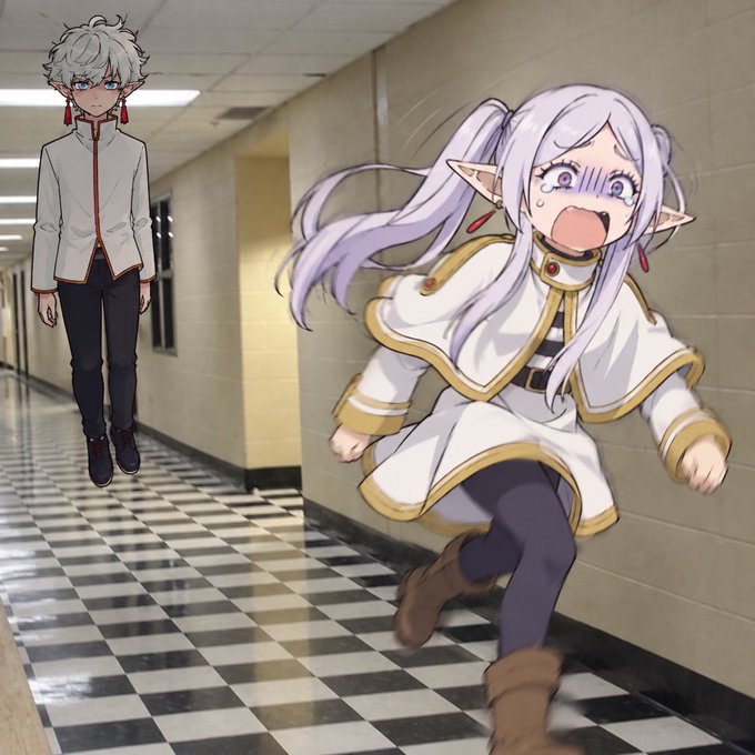 An anime-style image showing a crying, frightened elf girl running down a school hallway, with a silver-haired anime character pasted on the left side.