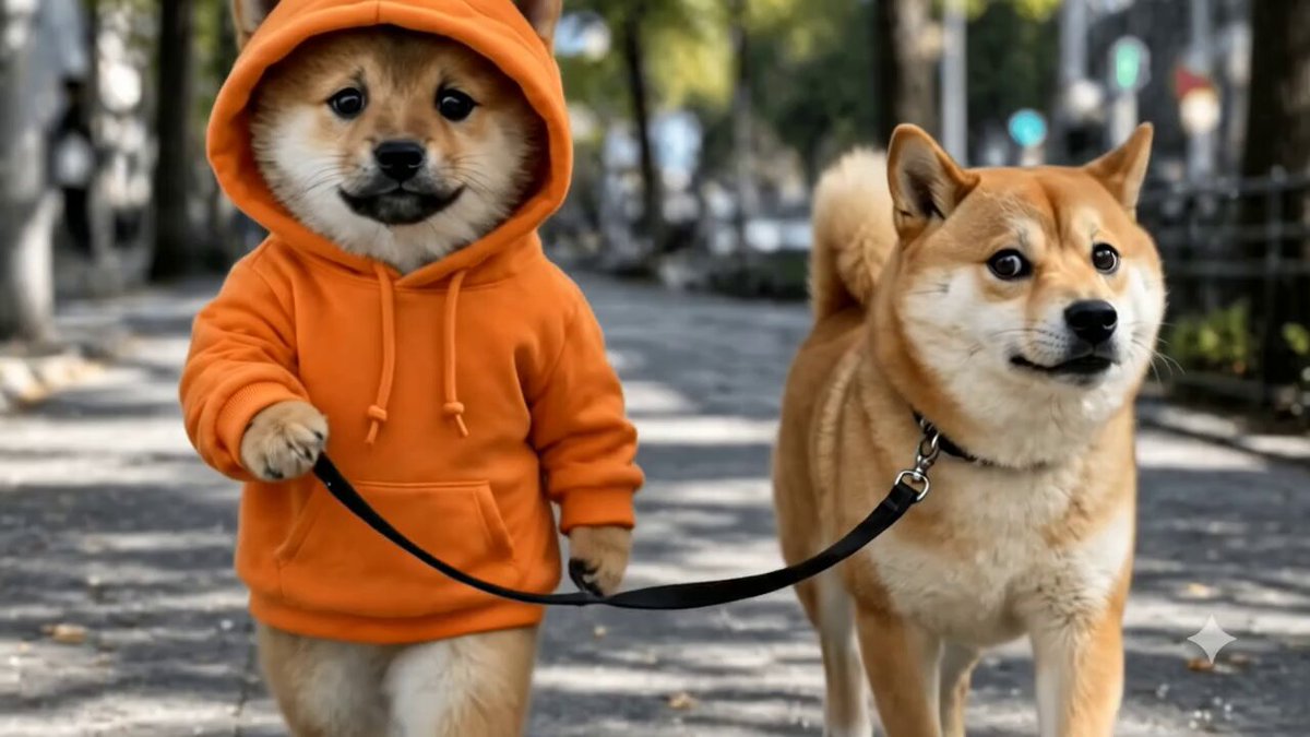 The image features a dog wearing an orange hoodie, walking down a street with its owner holding a leash attached to another dog that is also wearing an orange hoodie. The caption of the image reads "$DOG will flip DOGE". This suggests that the dogs are participating in a fun and playful activity together, possibly as part of a costume event or themed gathering for pets.