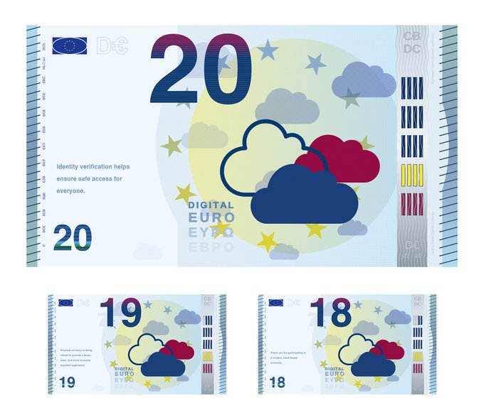 Concept art of proposed Digital Euro banknotes in denominations of €20, €19, and €18, featuring cloud and EU star designs with text such as "Identity verification helps ensure safe access for everyone" and "Digital Euro" — visually representing the satirical concept of a programmable, value-depreciating currency inscribed on Bitcoin.